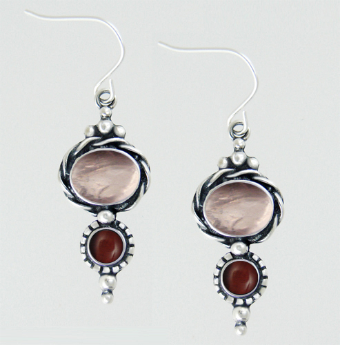 Sterling Silver Drop Dangle Earrings With Rose Quartz And Red Tiger Eye